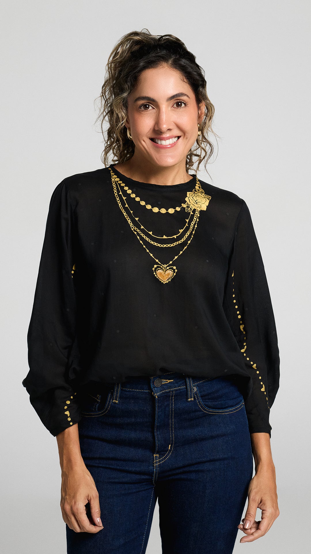 Blusa Talisman de algodón 100 por ciento con mangas drapeadas e ilustración en serigrafia