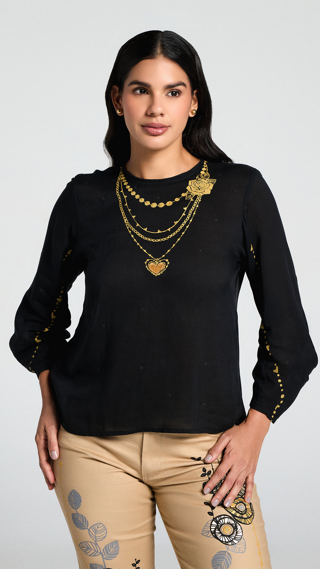 Blusa Talisman de algodón 100 por ciento con mangas drapeadas e ilustración en serigrafia