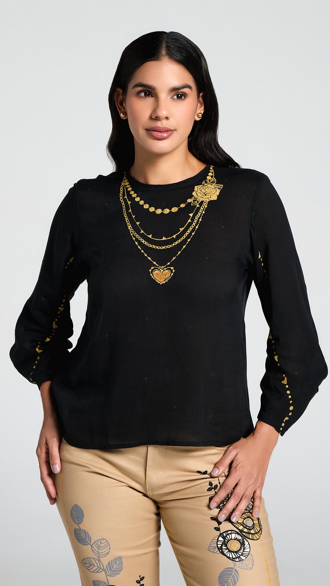 Blusa Talisman de algodón 100 por ciento con mangas drapeadas e ilustración en serigrafia