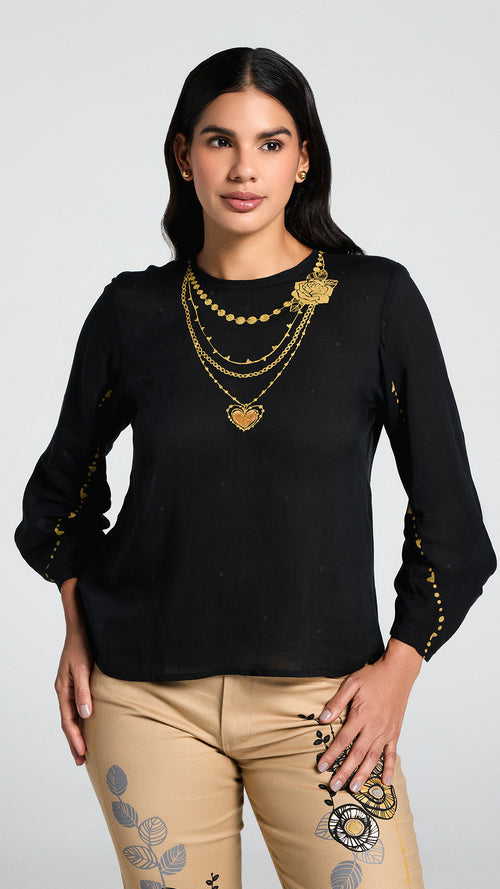 Blusa Talisman de algodón 100 por ciento con mangas drapeadas e ilustración en serigrafia