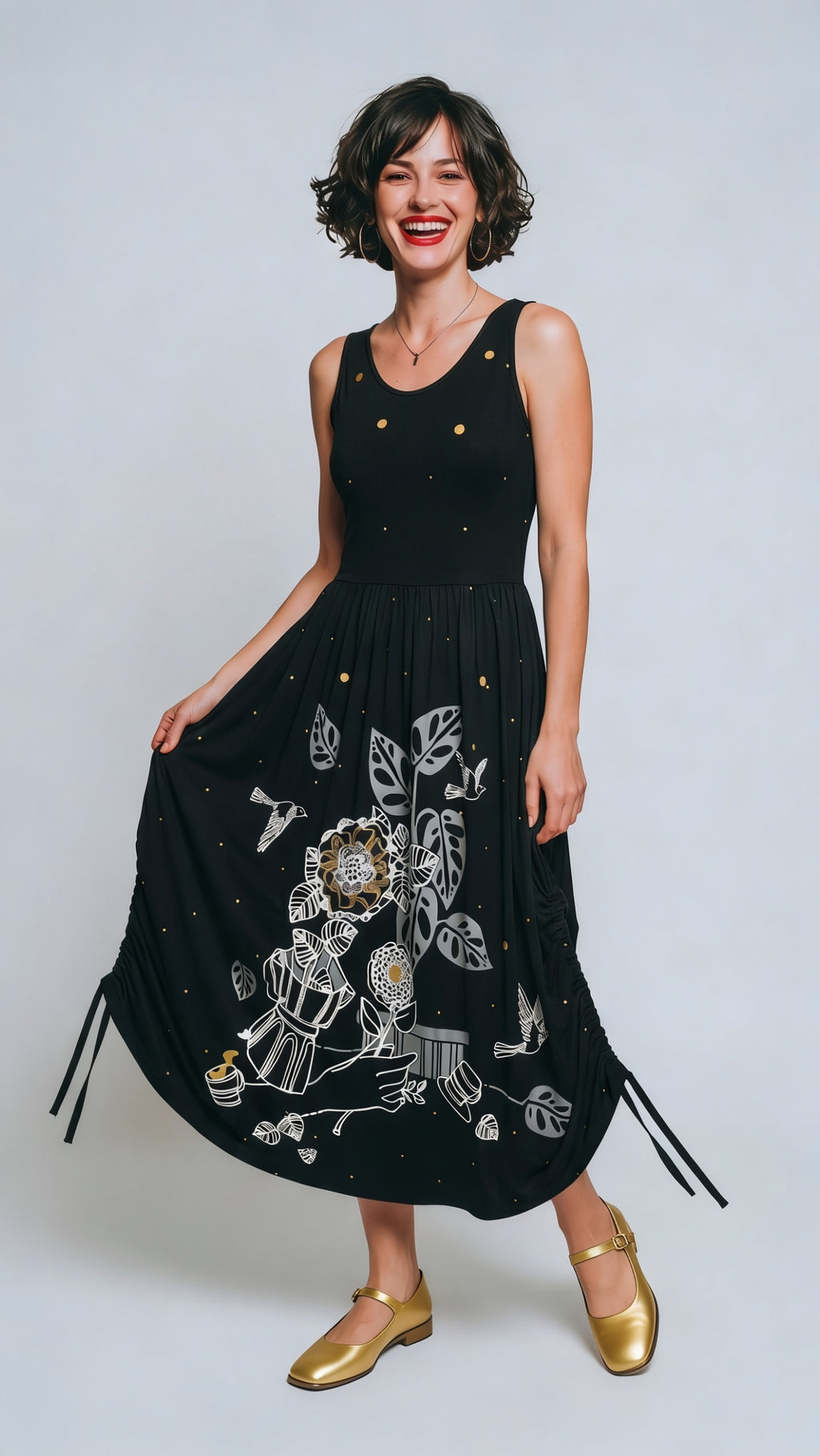 Vestido Nido manga sisa con falda fluida en rayon con tiras laterales recogidas e ilustración en serigrafia