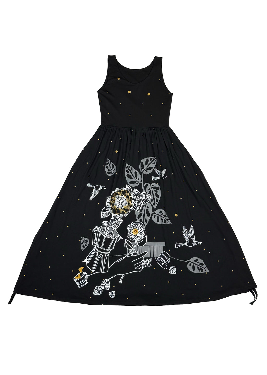 Detalle de falda de vestido Nido con bolsillos laterales y sistema de tiras ajustables en costados