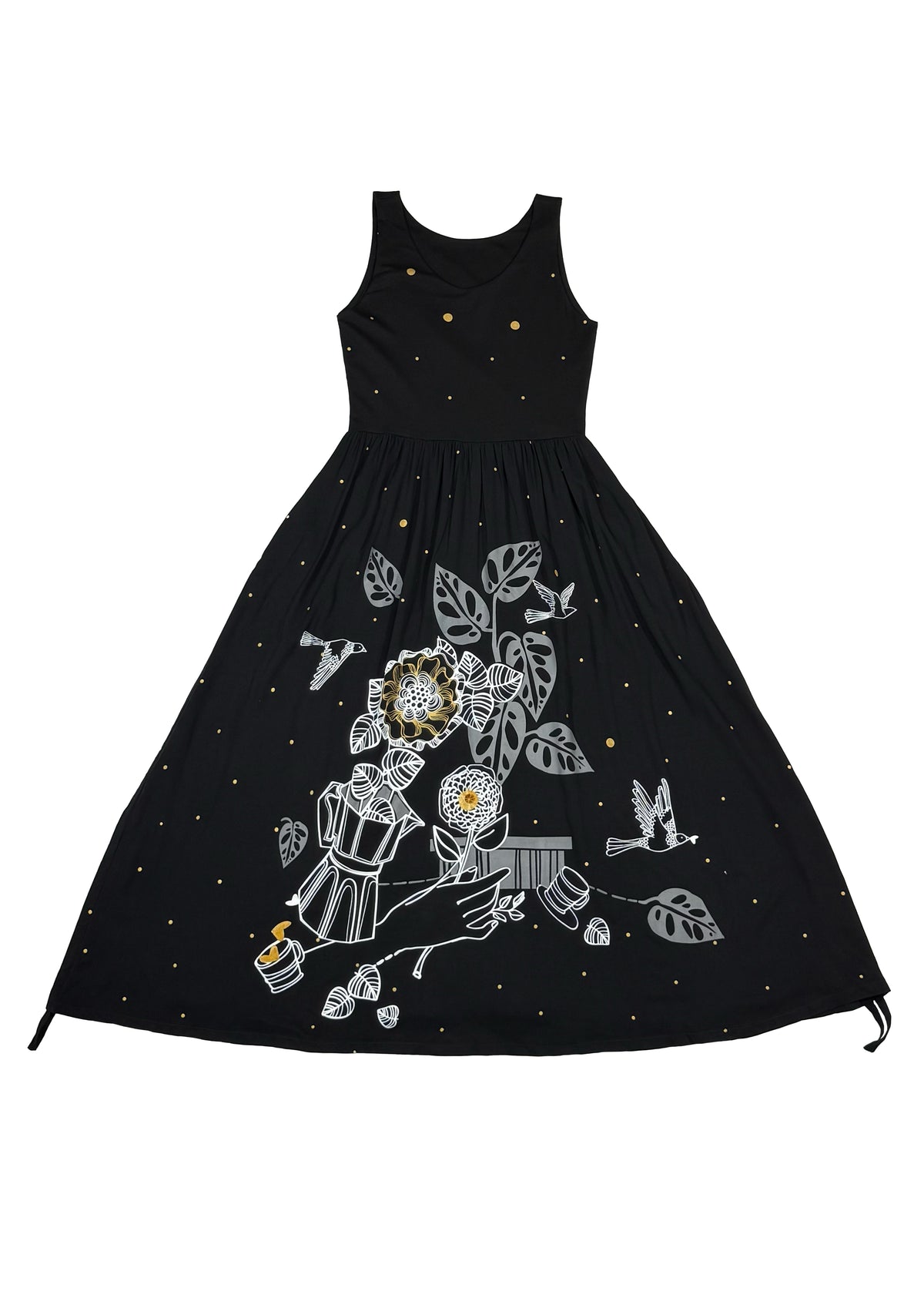 Detalle de falda de vestido Nido con bolsillos laterales y sistema de tiras ajustables en costados