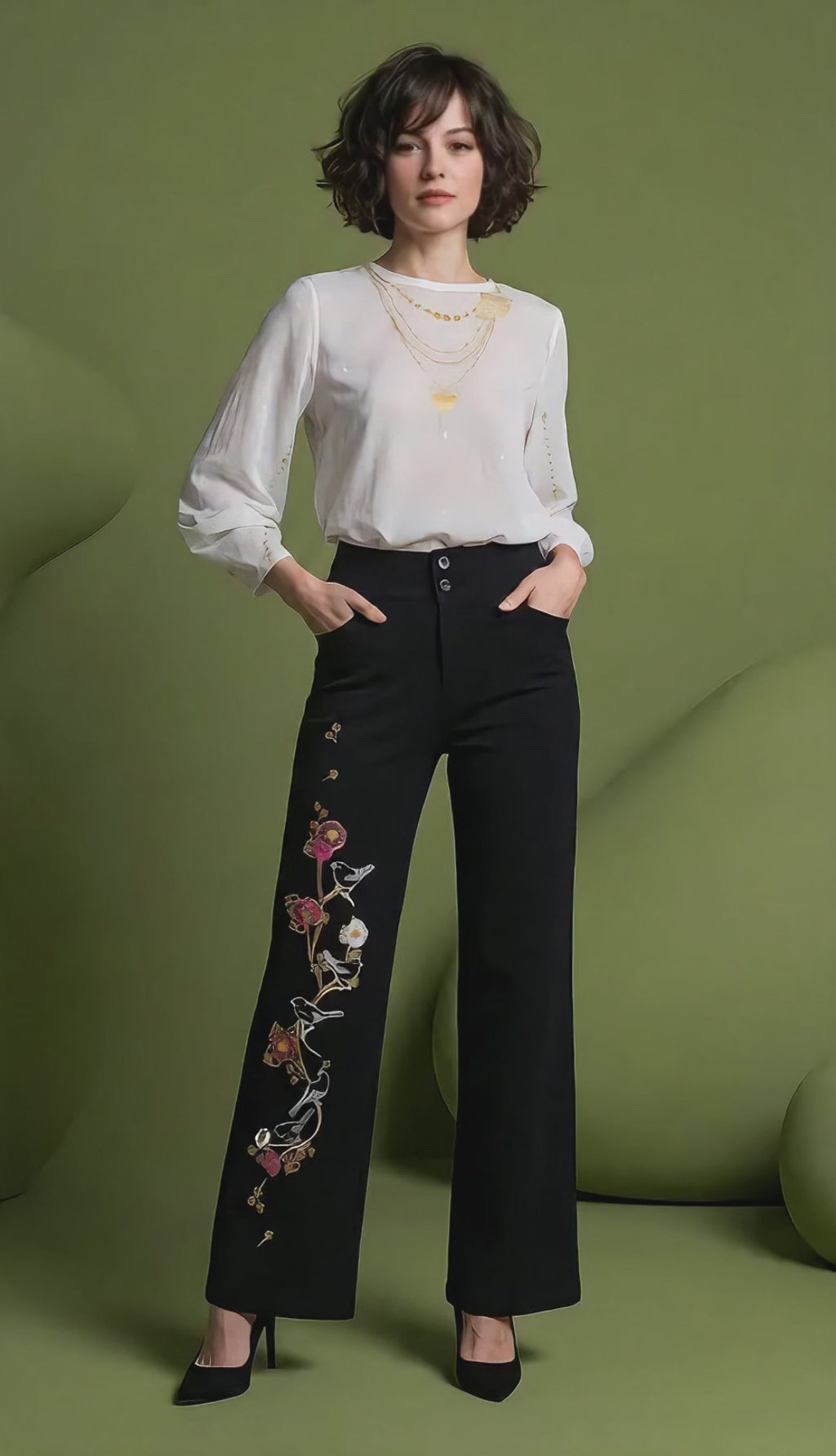 Pantalón TALLO, Silueta de bota recta a semi-amplia con una caída fluida que se mueve contigo. Su pretina ancha de tiro alto y doble botón frontal enmarca la cintura y estiliza con total comodidad.